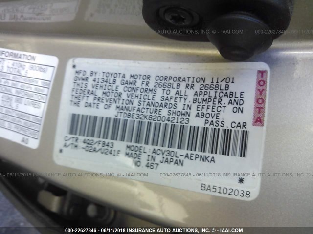 JTDBE32K820042123 - 2002 TOYOTA CAMRY LE/XLE/SE Qızıl foto 9