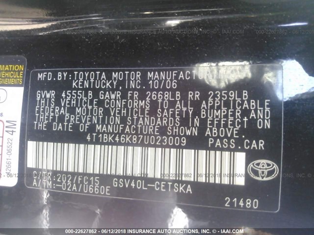 4T1BK46K87U023009 - 2007 TOYOTA CAMRY NEW GENERAT LE/XLE/SE BLACK photo 9