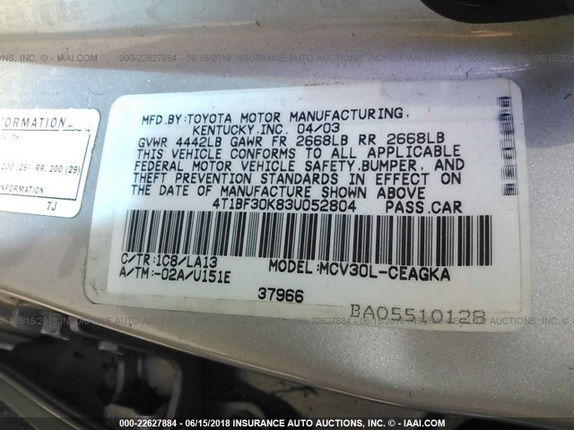 4T1BF30K83U052804 - 2003 TOYOTA CAMRY LE/XLE/SE 银色 照片 9