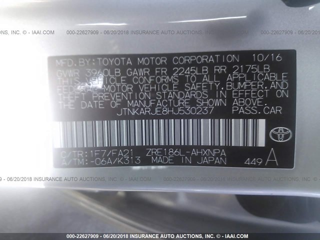 JTNKARJE8HJ530237 - 2017 TOYOTA COROLLA IM SILVER photo 9