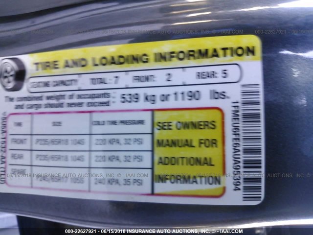 1FMEU6FE6AUA95394 - 2010 FORD EXPLORER LIMITED 黑色 照片 9