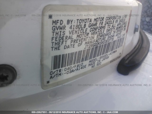 JT2BG22K9X0303778 - 1999 TOYOTA CAMRY LE/XLE WHITE photo 9