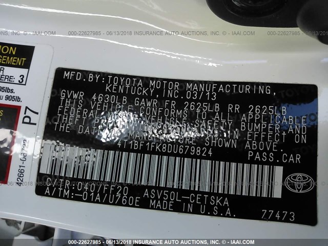 4T1BF1FK8DU679824 - 2013 TOYOTA CAMRY L/SE/LE/XLE Ağ foto 9