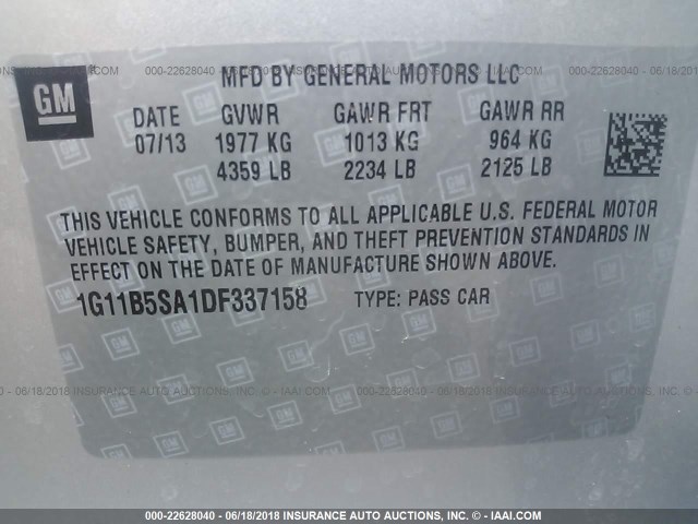 1G11B5SA1DF337158 - 2013 CHEVROLET MALIBU LS Gümüş foto 9