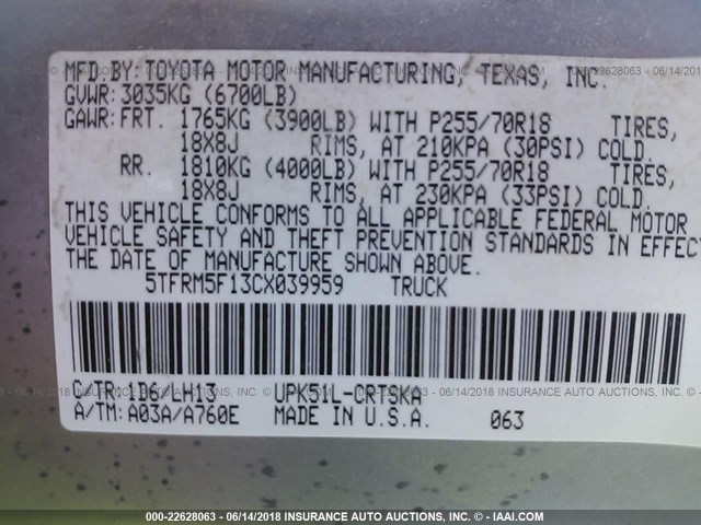 5TFRM5F13CX039959 - 2012 TOYOTA TUNDRA DOUBLE CAB SR5 SILVER photo 9