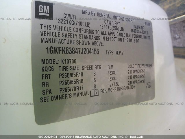 1GKFK63847J204155 - 2007 GMC YUKON DENALI WHITE photo 9