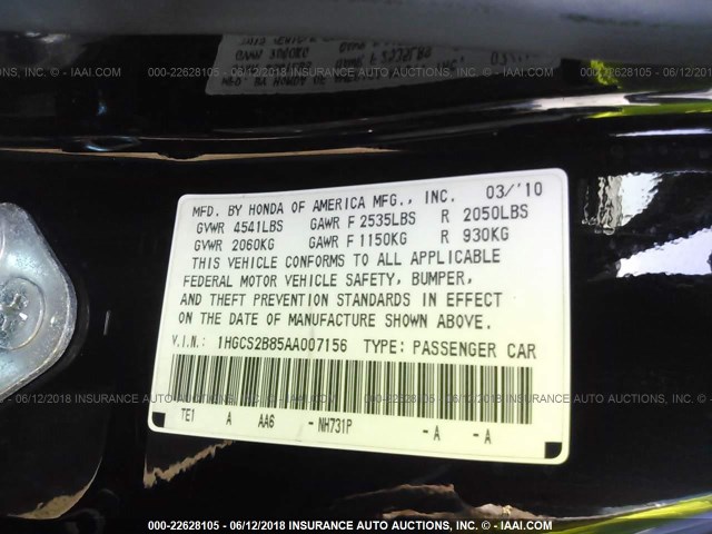 1HGCS2B85AA007156 - 2010 HONDA ACCORD EXL BLACK photo 9