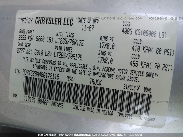 3D7KS28A48G172119 - 2008 DODGE RAM 2500 ST/SLT 灰色 照片 9