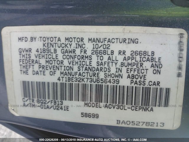 4T1BE32K73U656439 - 2003 TOYOTA CAMRY LE/XLE/SE ლურჯი ფოტო 9