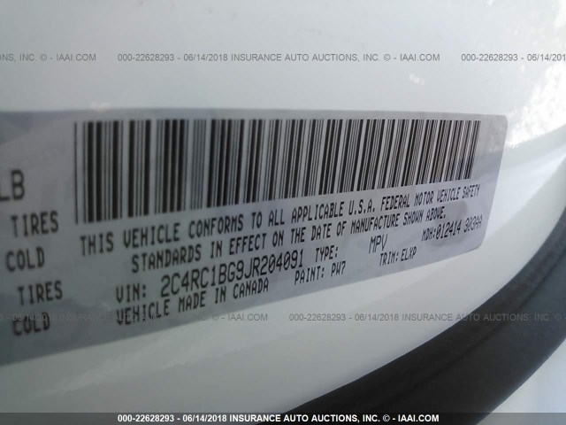 2C4RC1BG9JR204091 - 2018 CHRYSLER PACIFICA TOURING L Սպիտակ լուսանկար 9