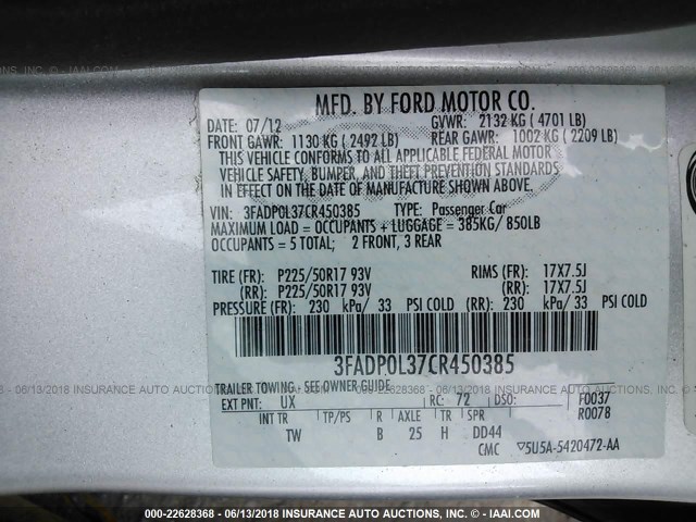 3FADP0L37CR450385 - 2012 FORD FUSION HYBRID SILVER photo 9