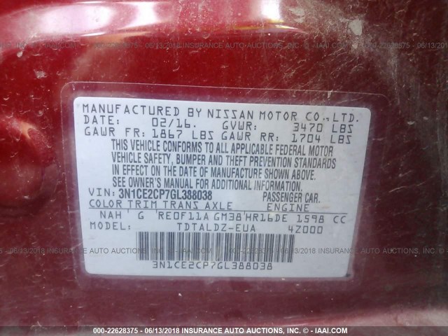 3N1CE2CP7GL388038 - 2016 NISSAN VERSA NOTE S/S PLUS/SV/SL/SR RED photo 9