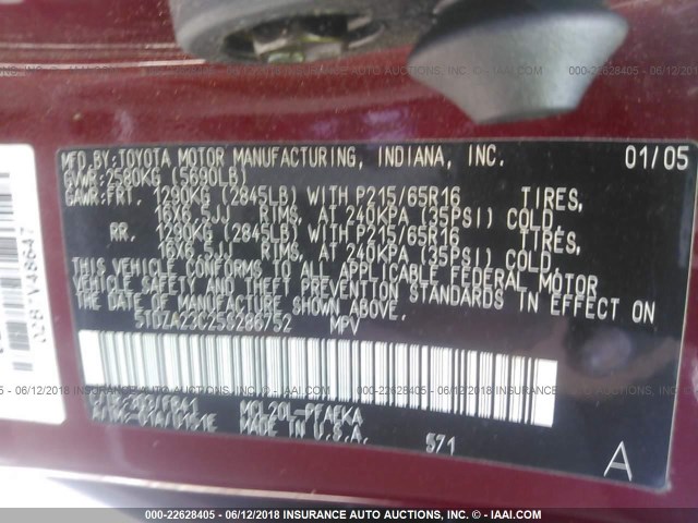 5TDZA23C25S286752 - 2005 TOYOTA SIENNA CE/LE RED photo 9