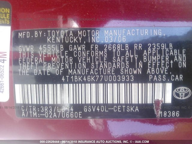 4T1BK46K77U003933 - 2007 TOYOTA CAMRY NEW GENERAT LE/XLE/SE RED photo 9