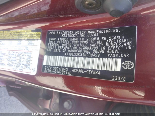 4T1BE32K34U330459 - 2004 TOYOTA CAMRY LE/XLE/SE Qırmızı foto 9