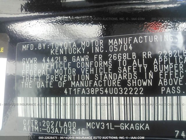 4T1FA38P54U032222 - 2004 TOYOTA CAMRY SOLARA SE/SLE შავი ფოტო 9