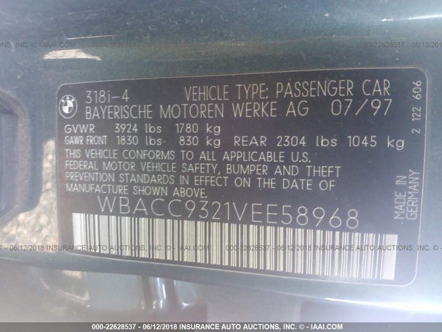 WBACC9321VEE58968 - 1997 BMW 318 I GREEN photo 9