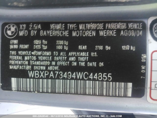 WBXPA73494WC44855 - 2004 BMW X3 2.5I Light Blue photo 9