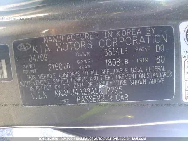 KNAFU4A23A5062225 - 2010 KIA FORTE EX GRAY photo 9