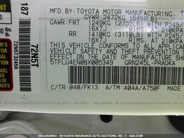 5TFLU4EN0BX005349 - 2011 TOYOTA TACOMA DOUBLE CAB 白色 照片 9