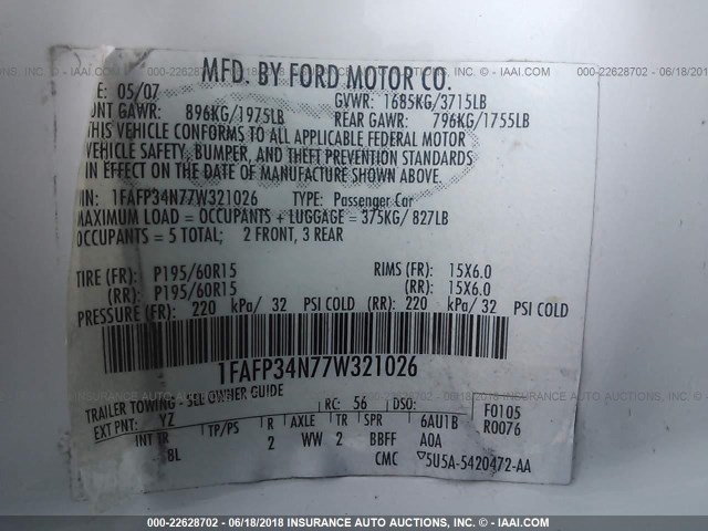 1FAFP34N77W321026 - 2007 FORD FOCUS ZX4/S/SE/SES 白色 照片 9