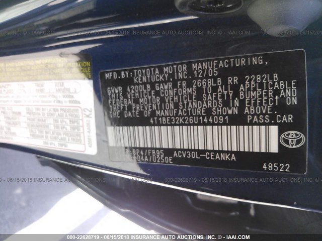 4T1BE32K26U144091 - 2006 TOYOTA CAMRY LE/XLE/SE 蓝色 照片 9