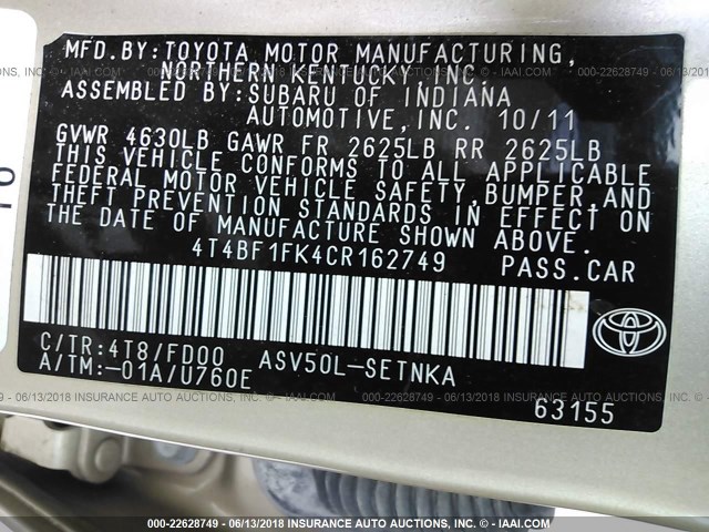 4T4BF1FK4CR162749 - 2012 TOYOTA CAMRY SE/LE/XLE GOLD photo 9