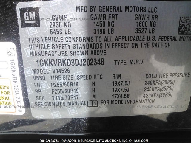 1GKKVRKD3DJ202348 - 2013 GMC ACADIA SLT-1 Czarny zdjęcie 9