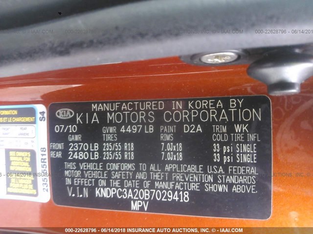 KNDPC3A20B7029418 - 2011 KIA SPORTAGE EX/SX ORANGE photo 9