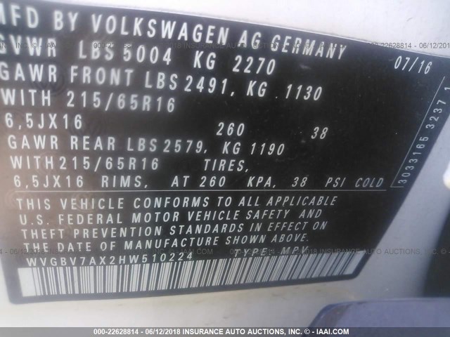 WVGBV7AX2HW510224 - 2017 VOLKSWAGEN TIGUAN S/LIMITED WHITE photo 9