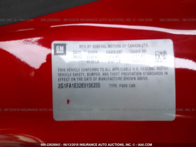 2G1FA1E32E9156255 - 2014 CHEVROLET CAMARO LS RED photo 9