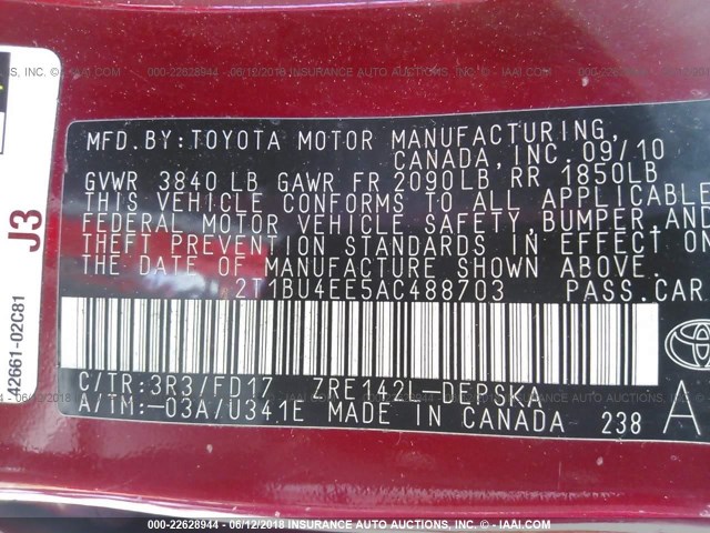 2T1BU4EE5AC488703 - 2010 TOYOTA COROLLA S/LE/XLE RED photo 9