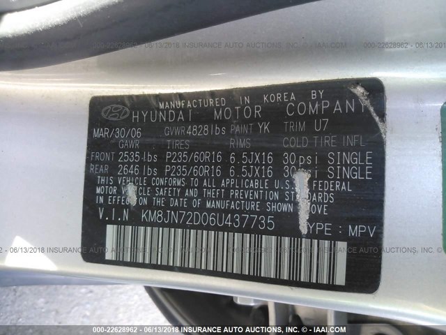 KM8JN72D06U437735 - 2006 HYUNDAI TUCSON GLS/LIMITED SILVER photo 9