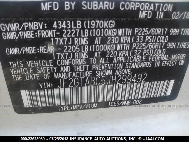 JF2GTABC5JH299492 - 2018 SUBARU CROSSTREK PREMIUM Ақ фото 9