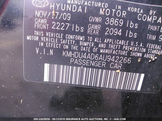 KMHDU4AD6AU942266 - 2010 HYUNDAI ELANTRA BLUE/GLS/SE BLACK photo 9