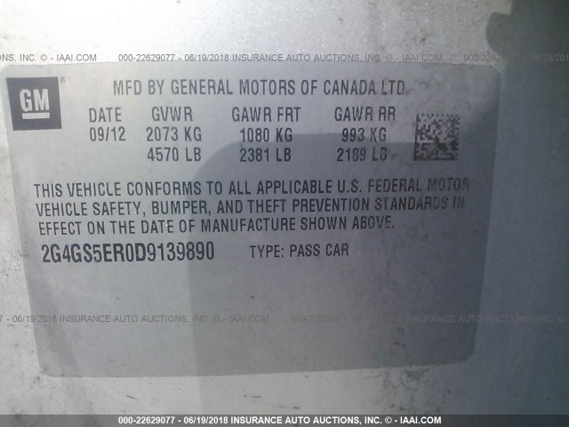 2G4GS5ER0D9139890 - 2013 BUICK REGAL PREMIUM SILVER photo 9