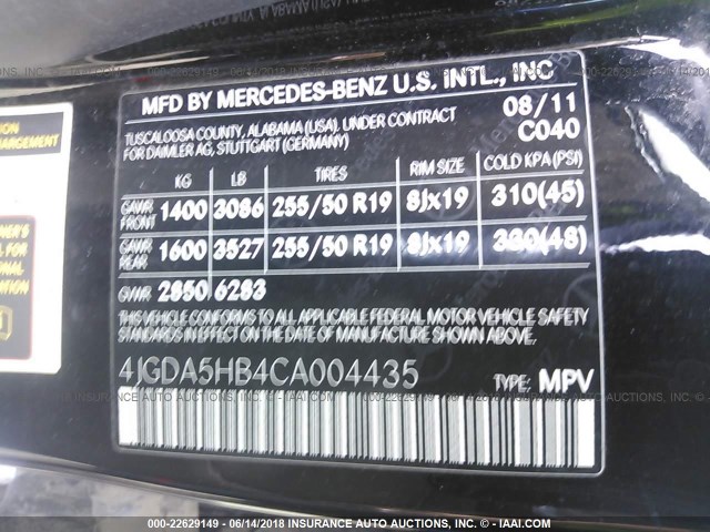 4JGDA5HB4CA004435 - 2012 MERCEDES-BENZ ML 350 4MATIC BLACK photo 9