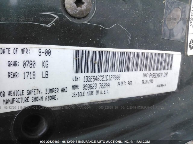 1B3ES46C21D127000 - 2001 DODGE NEON SE/ES GREEN photo 9