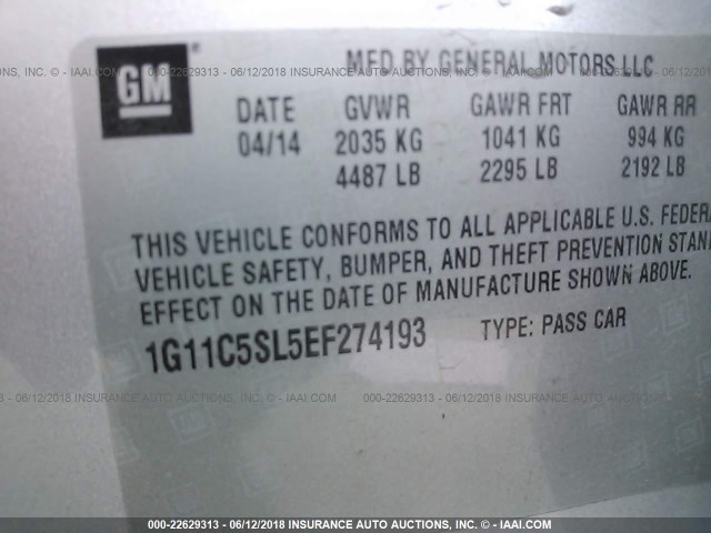 1G11C5SL5EF274193 - 2014 CHEVROLET MALIBU 1LT SILVER photo 9