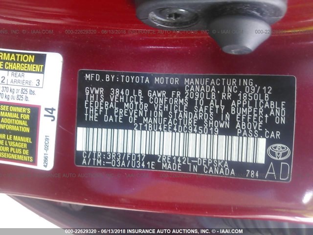 2T1BU4EE4DC945019 - 2013 TOYOTA COROLLA S/LE RED photo 9