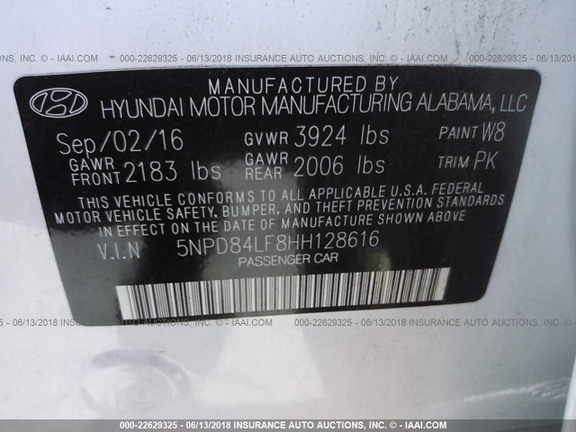 5NPD84LF8HH128616 - 2017 HYUNDAI ELANTRA SE/VALUE/LIMITED WHITE photo 9