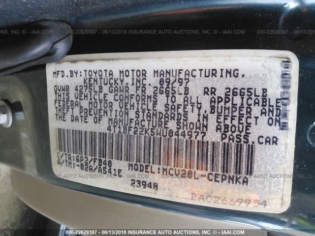 4T1BF22K5WU044977 - 1998 TOYOTA CAMRY CE/LE/XLE GREEN photo 9