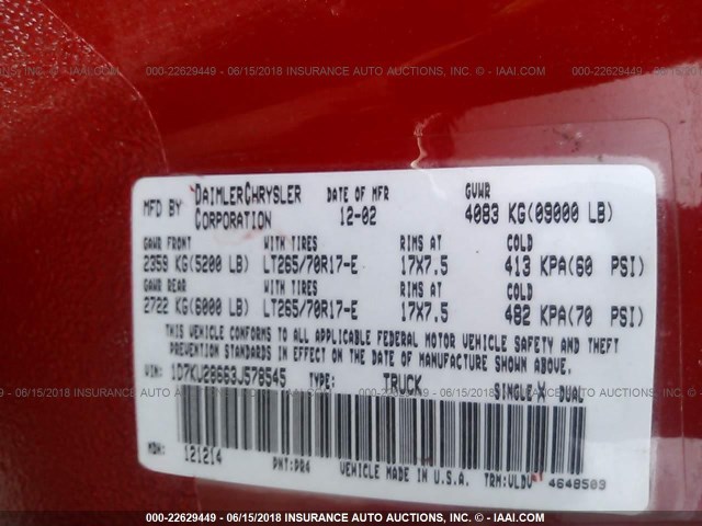 1D7KU28663J578545 - 2003 DODGE RAM 2500 ST/SLT 红色 照片 9