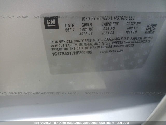 1G1ZB5ST7HF291409 - 2017 CHEVROLET MALIBU LS SILVER photo 9