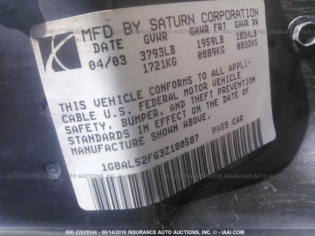 1G8AL52F63Z180587 - 2003 SATURN ION LEVEL 3 MAROON photo 9