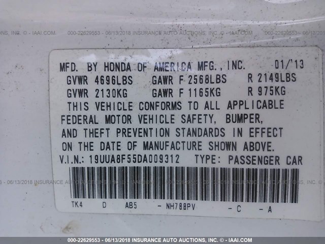 19UUA8F55DA009312 - 2013 ACURA TL TECH WHITE photo 9