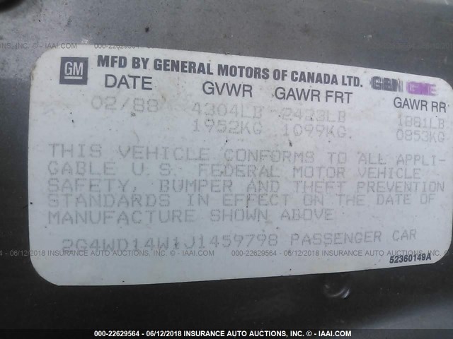 2G4WD14W1J1459798 - 1988 BUICK REGAL LIMITED GRAY photo 9