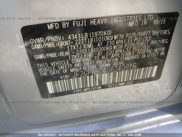 JF2GPABC4G8240916 - 2016 SUBARU CROSSTREK PREMIUM Күміс фото 9