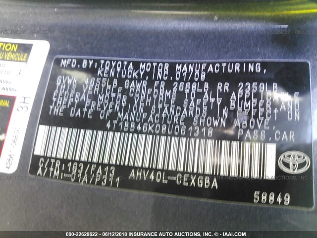 4T1BB46K08U061318 - 2008 TOYOTA CAMRY HYBRID GRAY photo 9