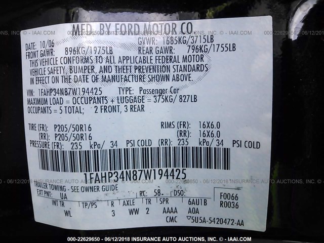 1FAHP34N87W194425 - 2007 FORD FOCUS ZX4/S/SE/SES 黑色 照片 9